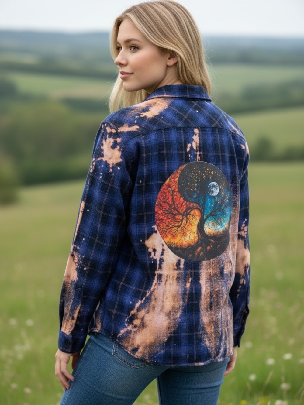 Women’s Blue Plaid Shacket Bleach Dyed Tree Back Graphic Boho Grunge